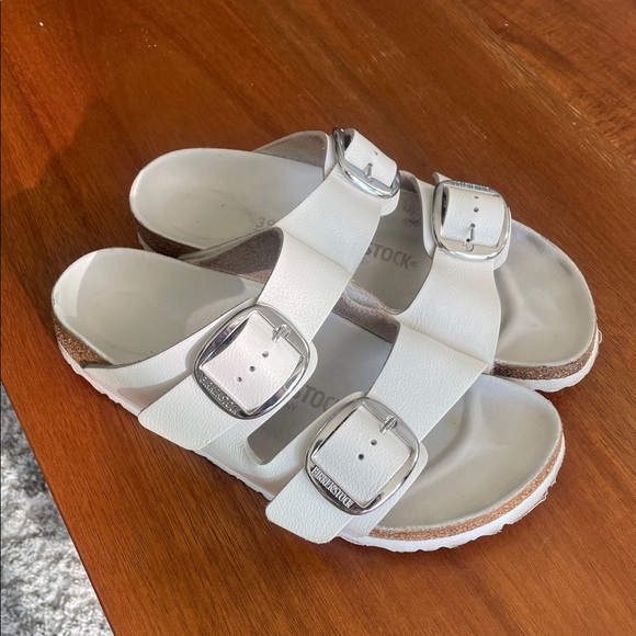 Birkenstock Women's Arizona Big Buckle Slide White Sandals with Silver Buckles - Picture 2 of 11